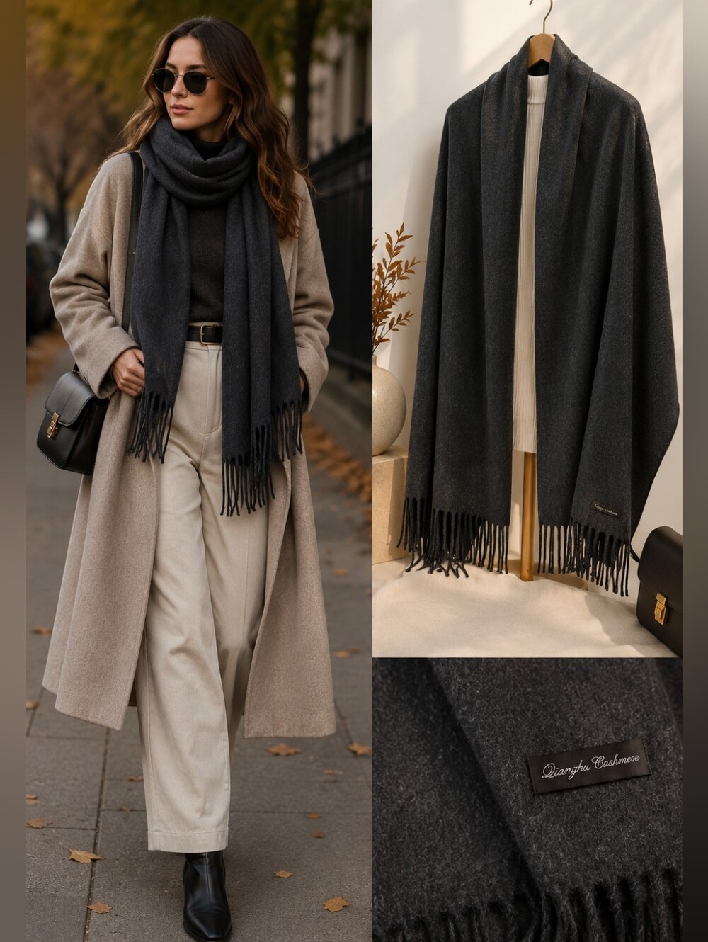 Qianzhu Cashmere Oversized Dark Gray Wrap Scarf Shawl Fringe